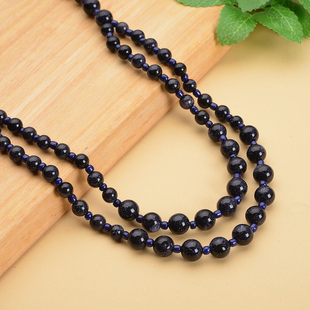 Blue Sandstone and Blue Glass 166.00 ctw 2 Row Beaded Necklace in Silvertone 18-20 Inches image number 1