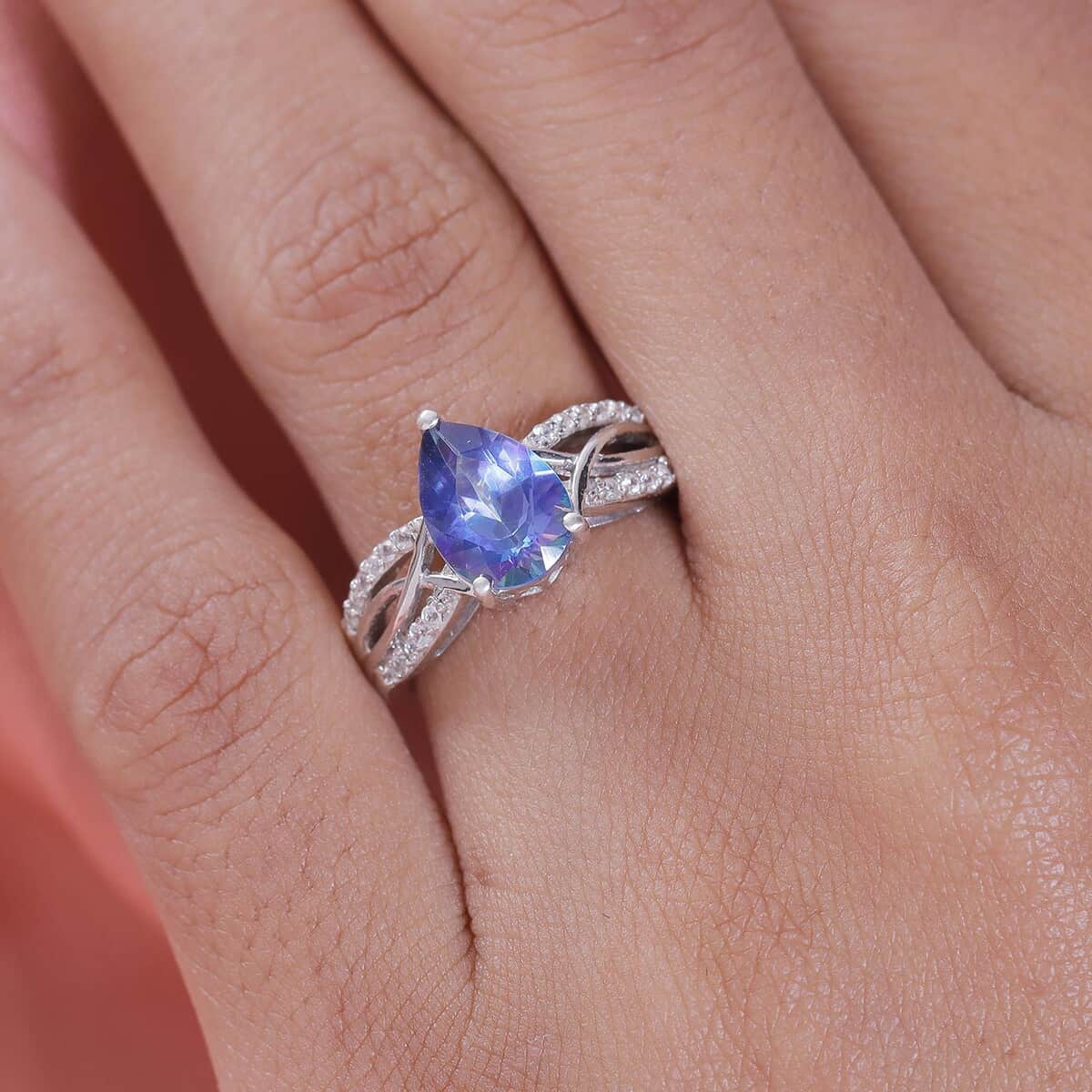 Brazilian Periwinkle Bloom Petalite and Natural White Zircon Ring in Platinum Over Sterling Silver (Size 10.0) 1.65 ctw image number 2