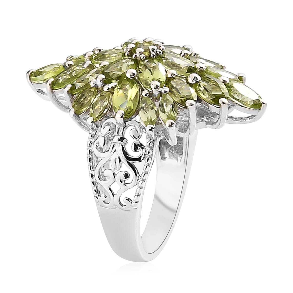 AMERICAN Natural Arizona Peridot Floral Spray Ring in Platinum Over Sterling Silver 5.00 ctw image number 3