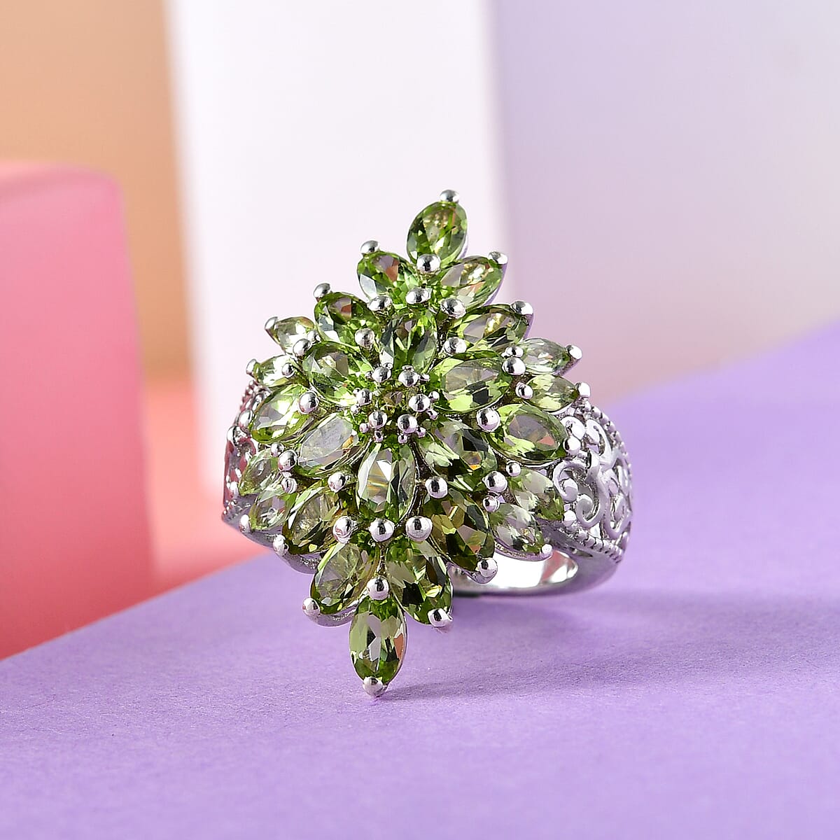 Arizona Peridot Floral Spray Ring in Platinum Over Sterling Silver (Size 6.0) 5.00 ctw image number 1