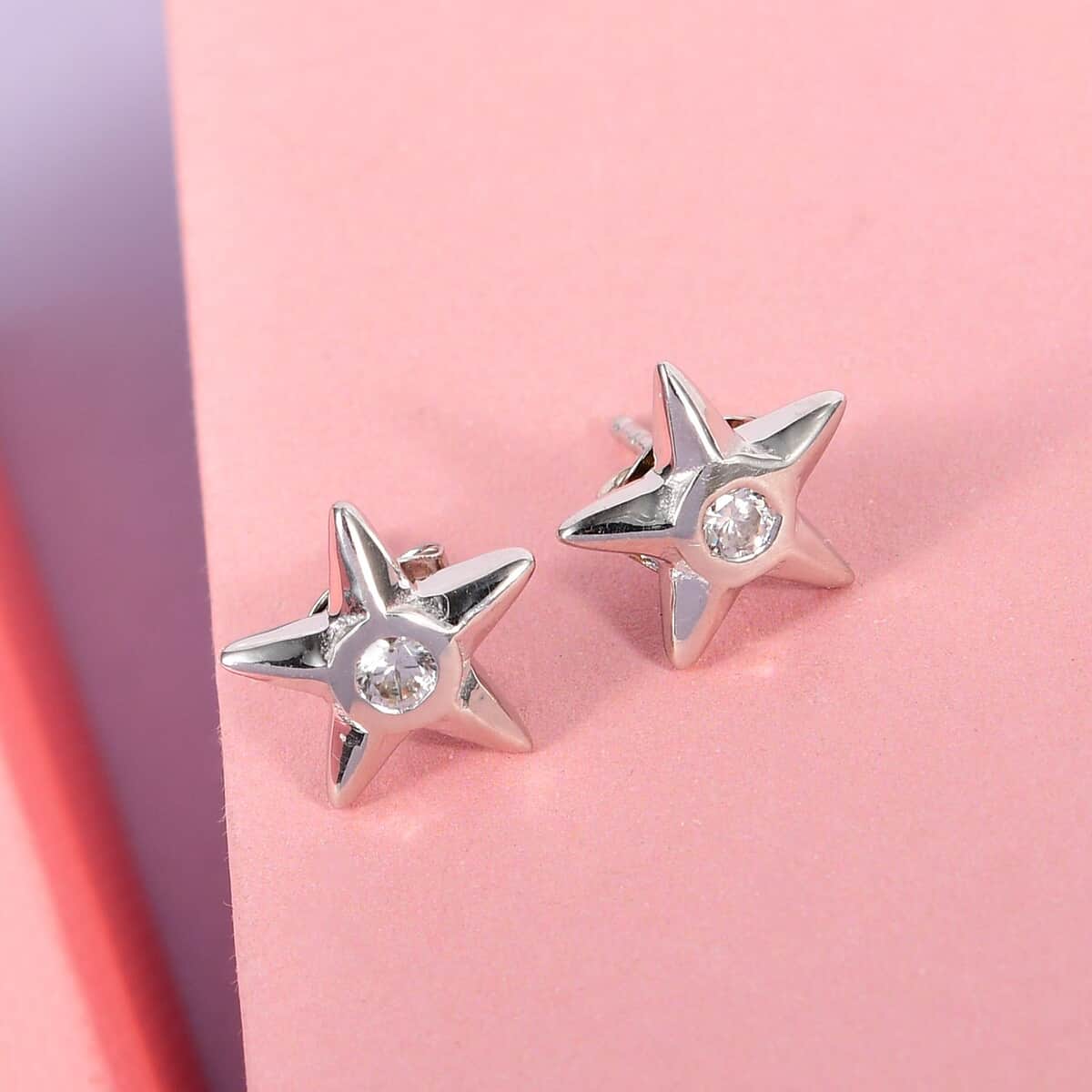 Moissanite Star Earrings in Platinum Over Sterling Silver 0.20 ctw image number 1