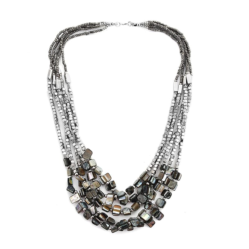 White Seed Beaded Stone Multi Strand Necklace 22 Inches in Silvertone
