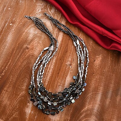 White Seed Beaded Stone Multi Strand Necklace 22 Inches in Silvertone