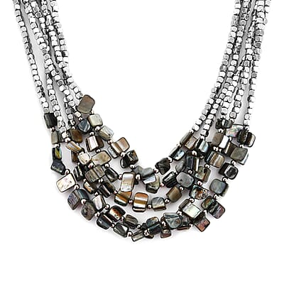 White Seed Beaded Stone Multi Strand Necklace 22 Inches in Silvertone