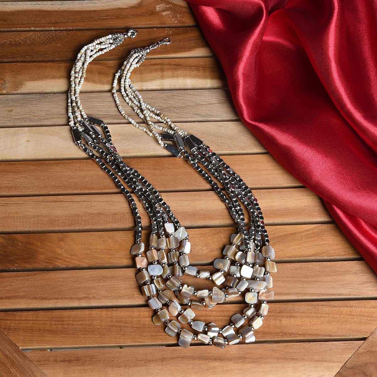 Gray Seed Beaded Stone Multi Strand Necklace 22 Inches image number 4