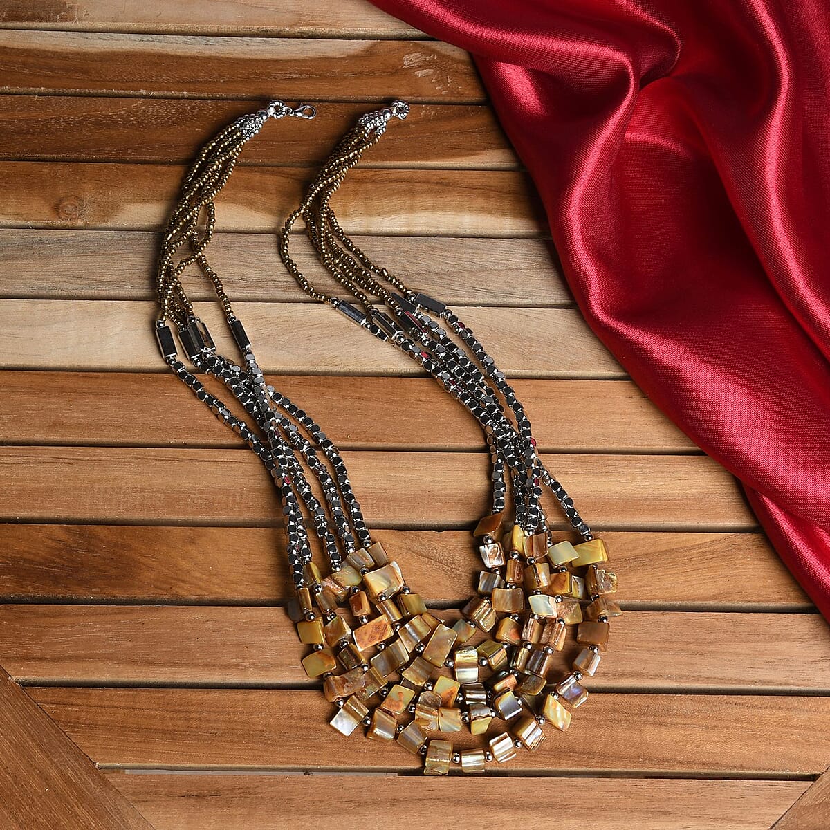 Brown Seed Beaded Stone Multi Strand Necklace 22 Inches image number 1