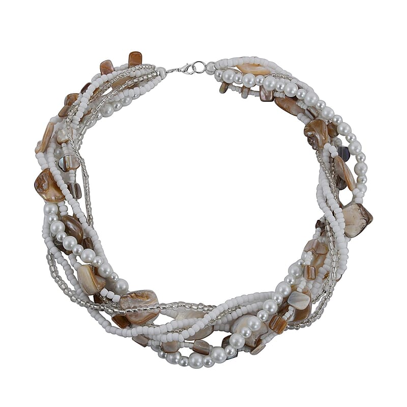 White and Multi Seed Beaded with Shell Multi Strand Necklace 20 Inches