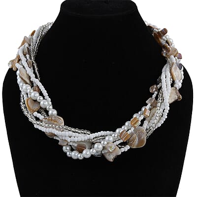 White and Multi Seed Beaded with Shell Multi Strand Necklace 20 Inches