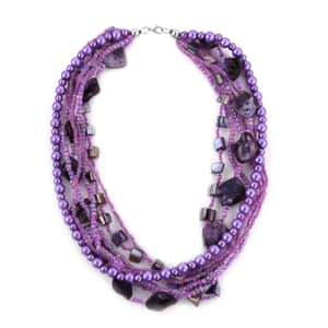 Purple Seed Beaded with Shell Multi Strand Necklace 20 Inches