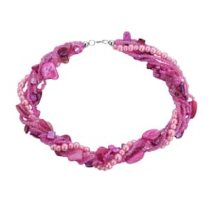 Pink Seed Beaded with Shell Multi Strand Necklace 20 Inches