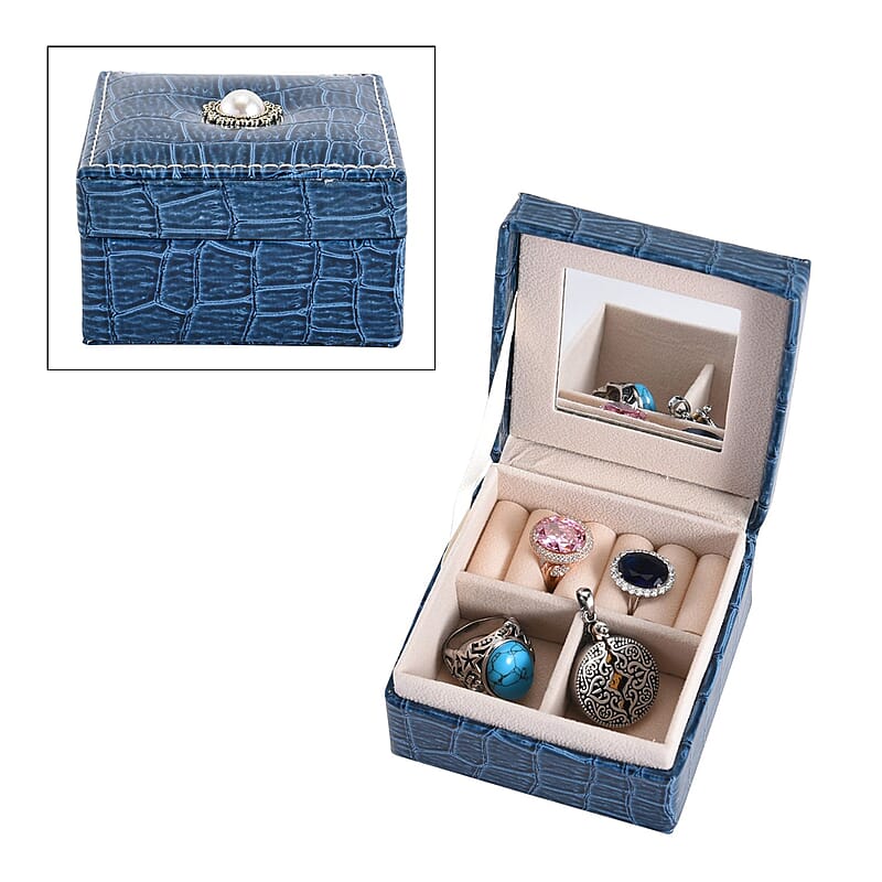 Simulated Pearl Blue Crocodile Pattern Faux Leather Mini Travel Jewelry Box