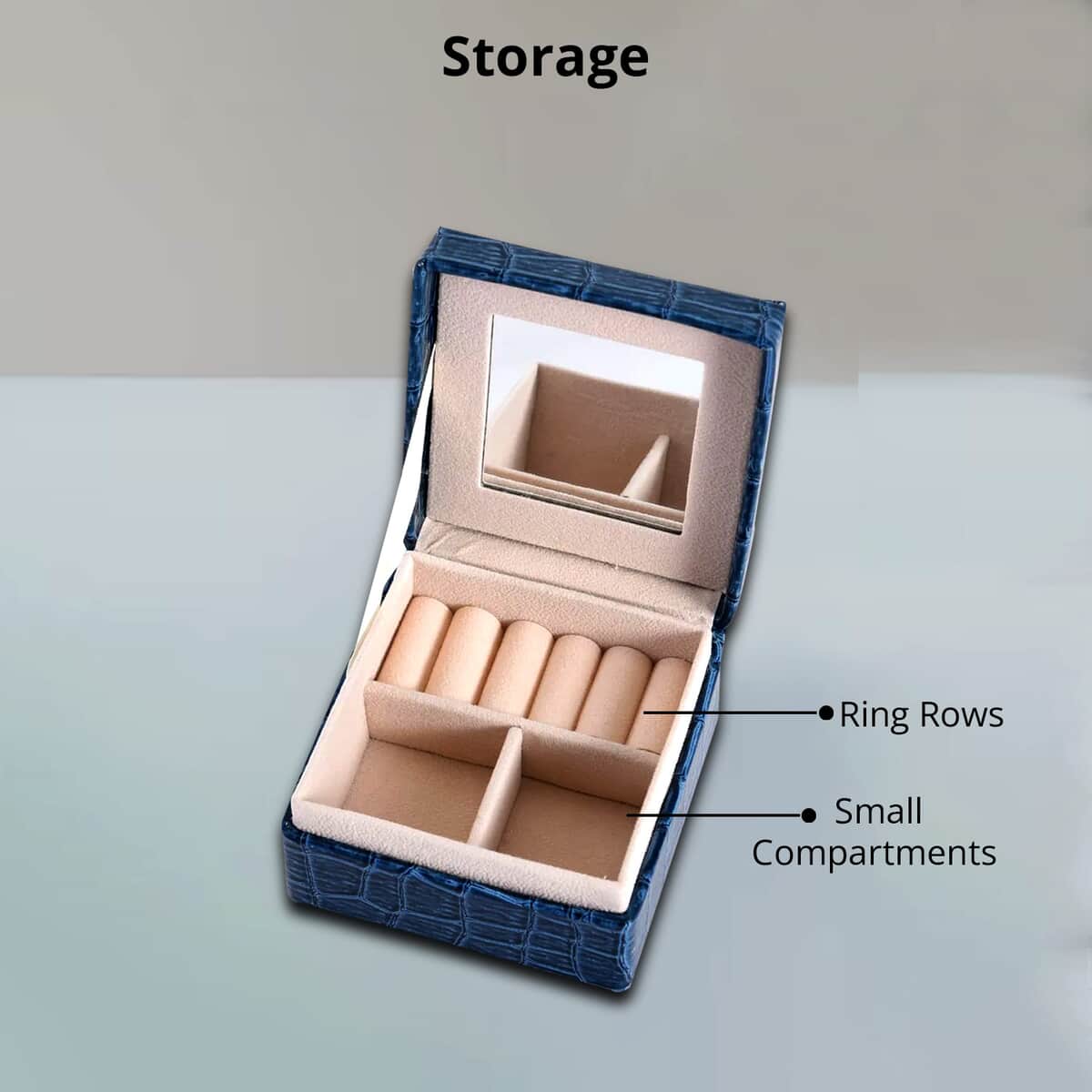 Simulated Pearl Blue Crocodile Pattern Faux Leather Mini Travel Jewelry Box (4"x4") image number 2