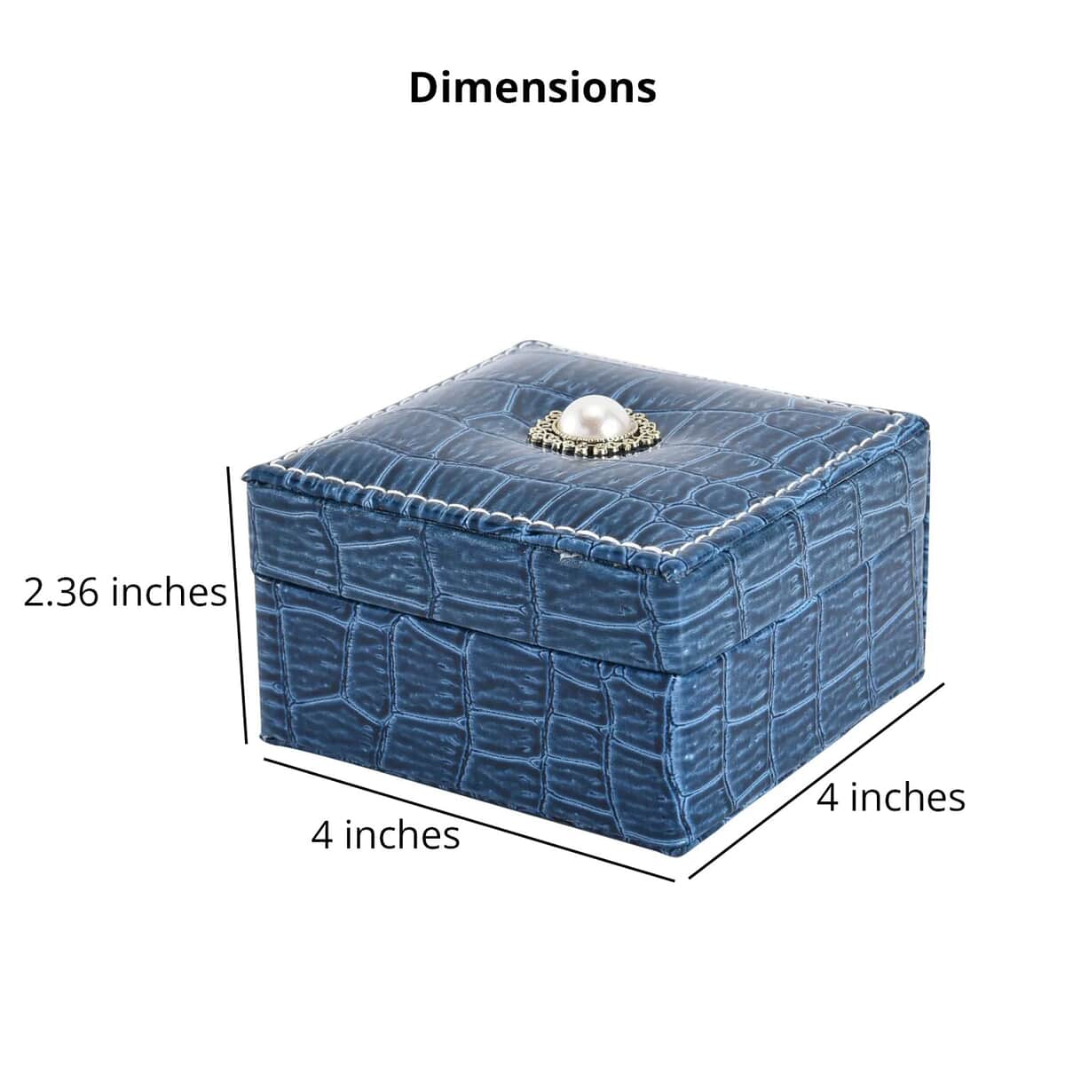 Simulated Pearl Blue Crocodile Pattern Faux Leather Mini Travel Jewelry Box (4"x4") image number 3