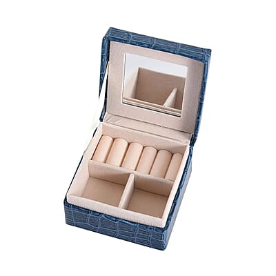Simulated Pearl Blue Crocodile Pattern Faux Leather Mini Travel Jewelry Box