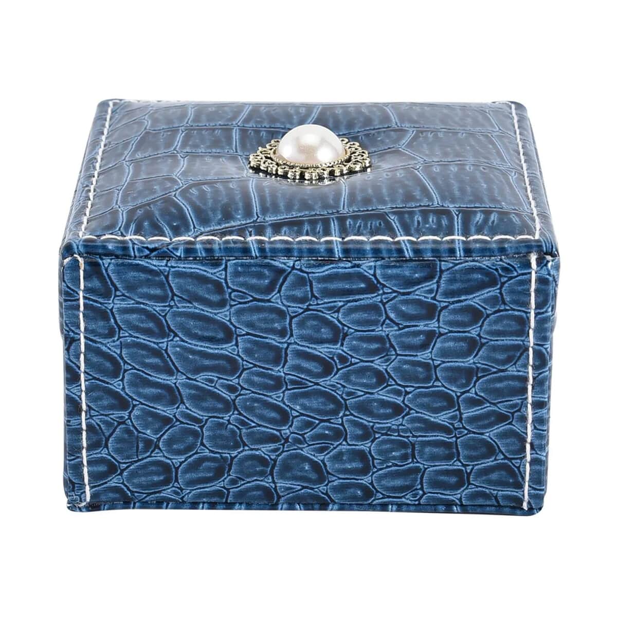 Simulated Pearl Blue Crocodile Pattern Faux Leather Mini Travel Jewelry Box (4"x4") image number 5