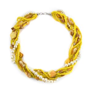 Yellow and White Seed Beaded with Shell Multi Strand Necklace 20 Inches