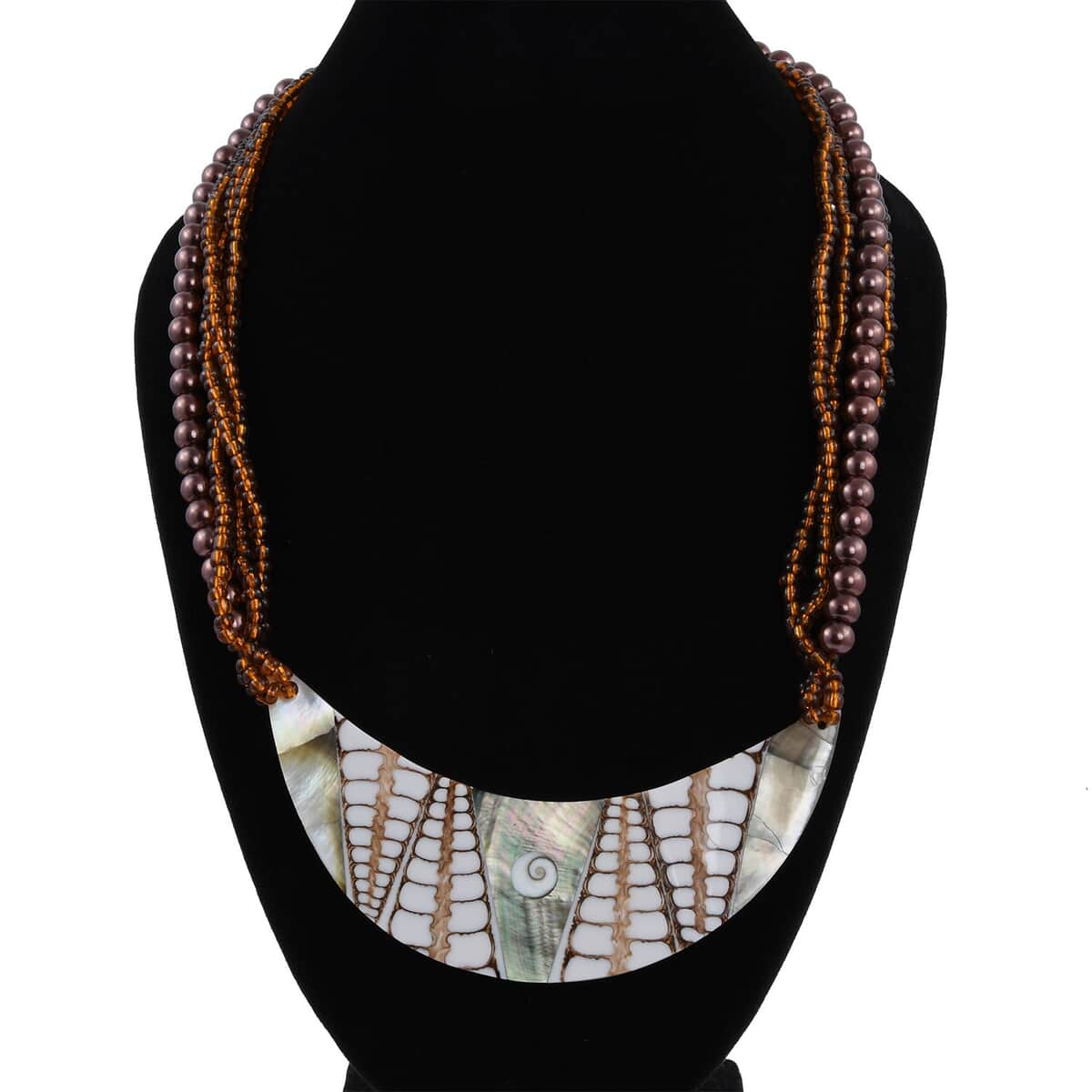 Brown Seed Beaded, Moon Shell Multi Strand Necklace 22 Inches image number 2