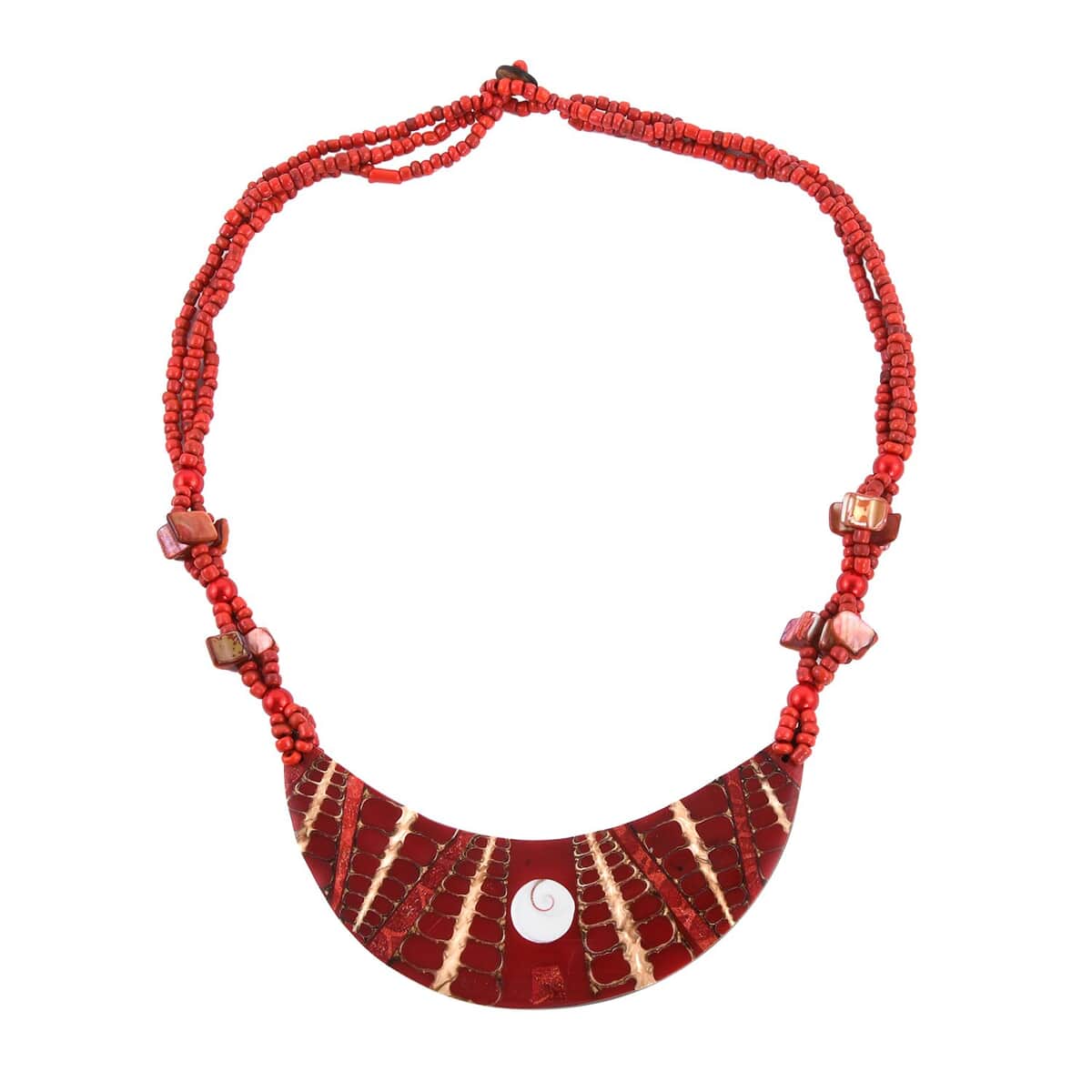 Red Seed Beaded, Moon Shell Multi Strand Necklace 22 Inches image number 0