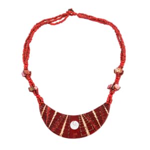 Red Seed Beaded, Moon Shell Multi Strand Necklace 22 Inches