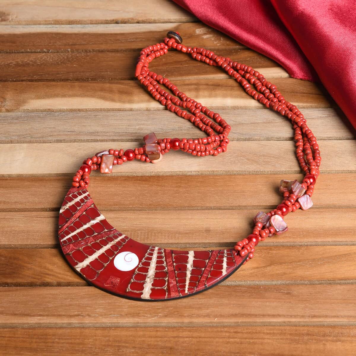 Red Seed Beaded, Moon Shell Multi Strand Necklace 22 Inches image number 1