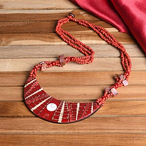 Red Seed Beaded, Moon Shell Multi Strand Necklace 22 Inches