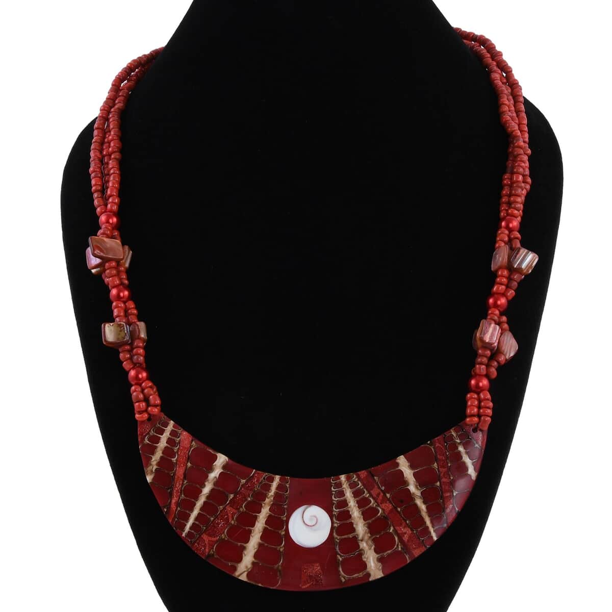 Red Seed Beaded, Moon Shell Multi Strand Necklace 22 Inches image number 2