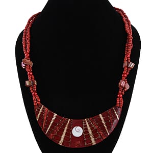 Red Seed Beaded, Moon Shell Multi Strand Necklace 22 Inches