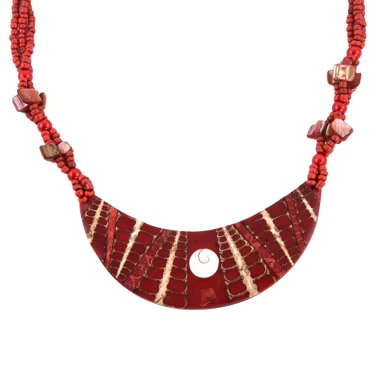 Red Seed Beaded, Moon Shell Multi Strand Necklace 22 Inches image number 3