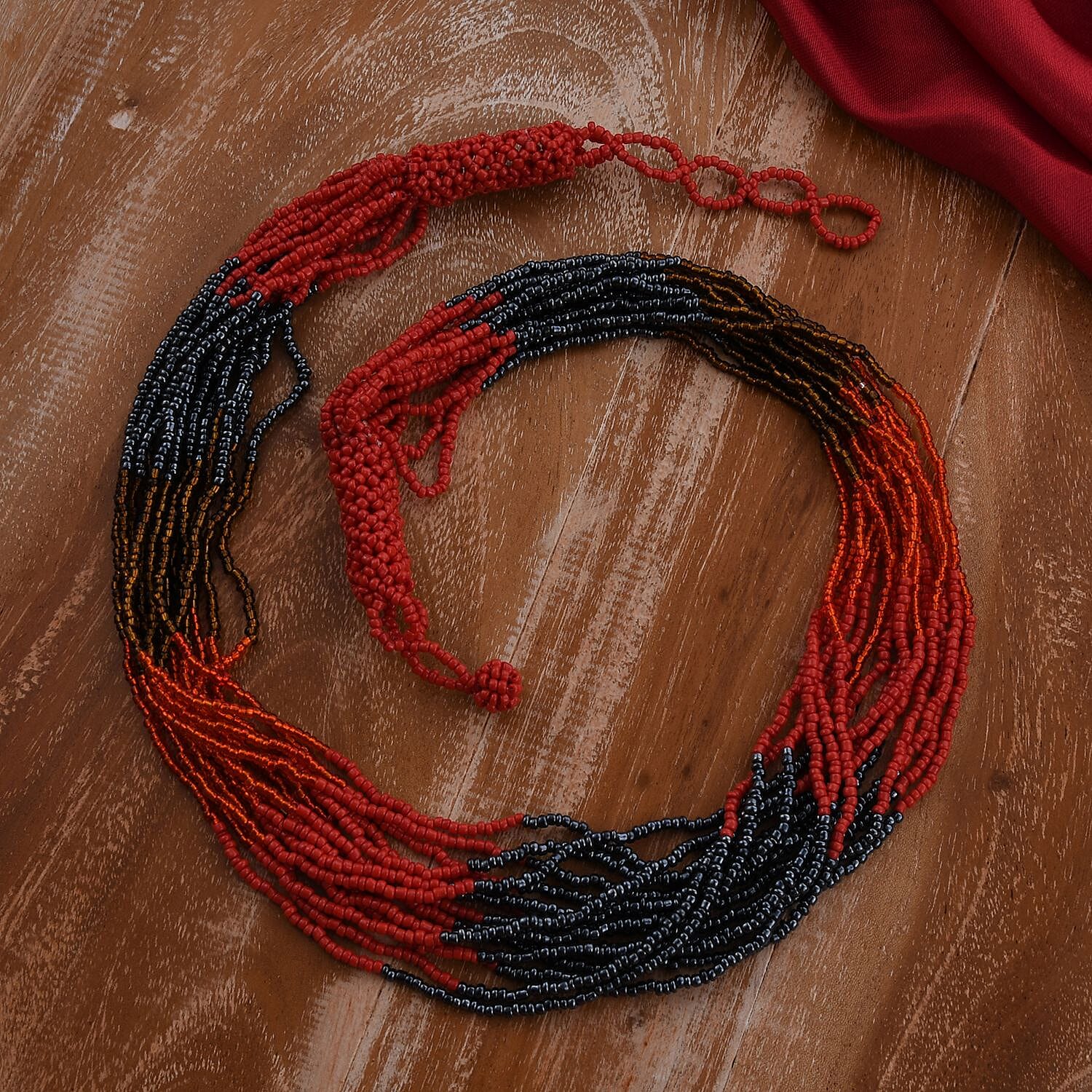 Red and Black Seed Beaded Multi Strand Necklace 22 Inches