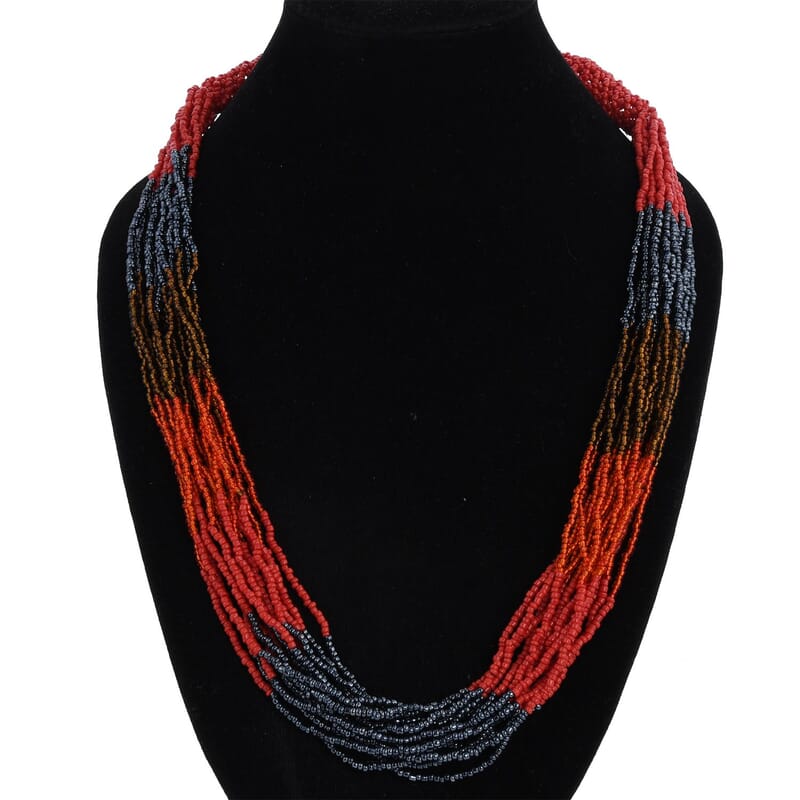 Red and Black Seed Beaded Multi Strand Necklace 22 Inches