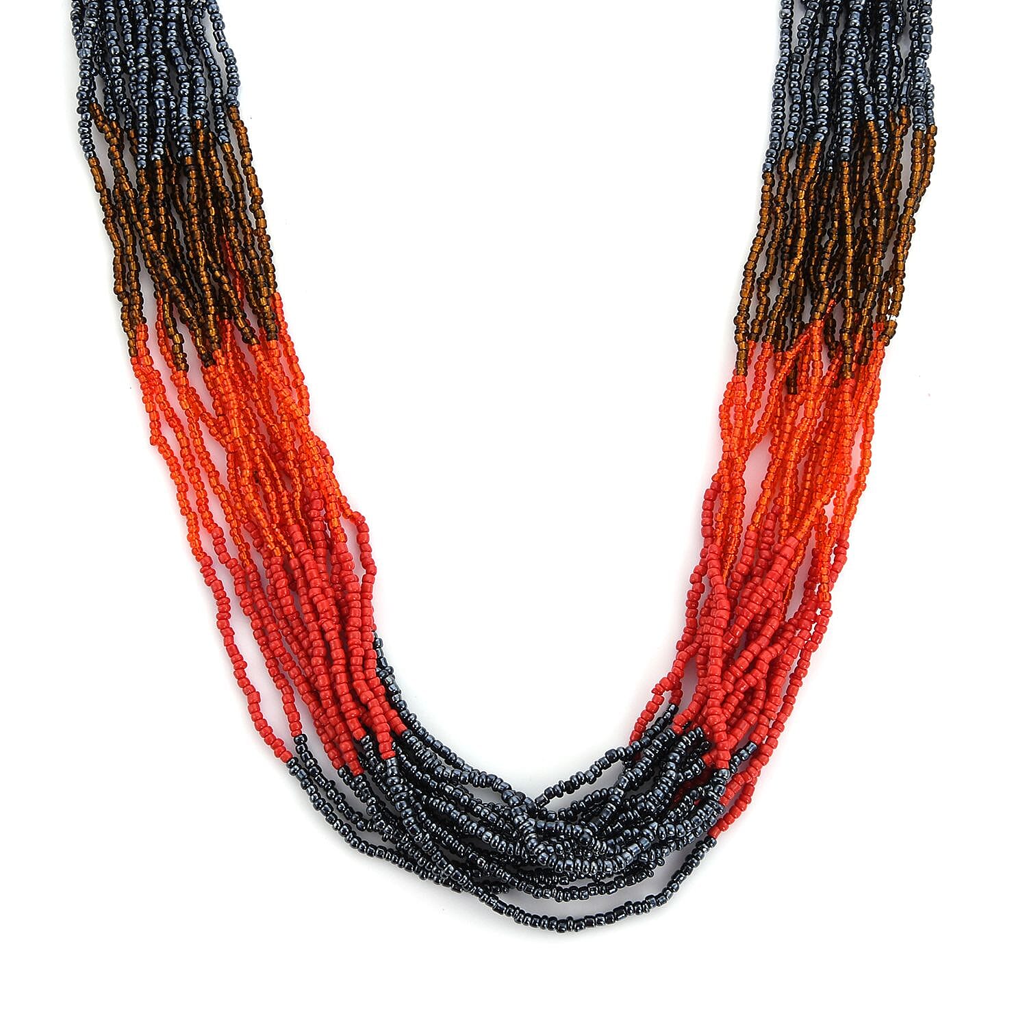 Red and Black Seed Beaded Multi Strand Necklace 22 Inches