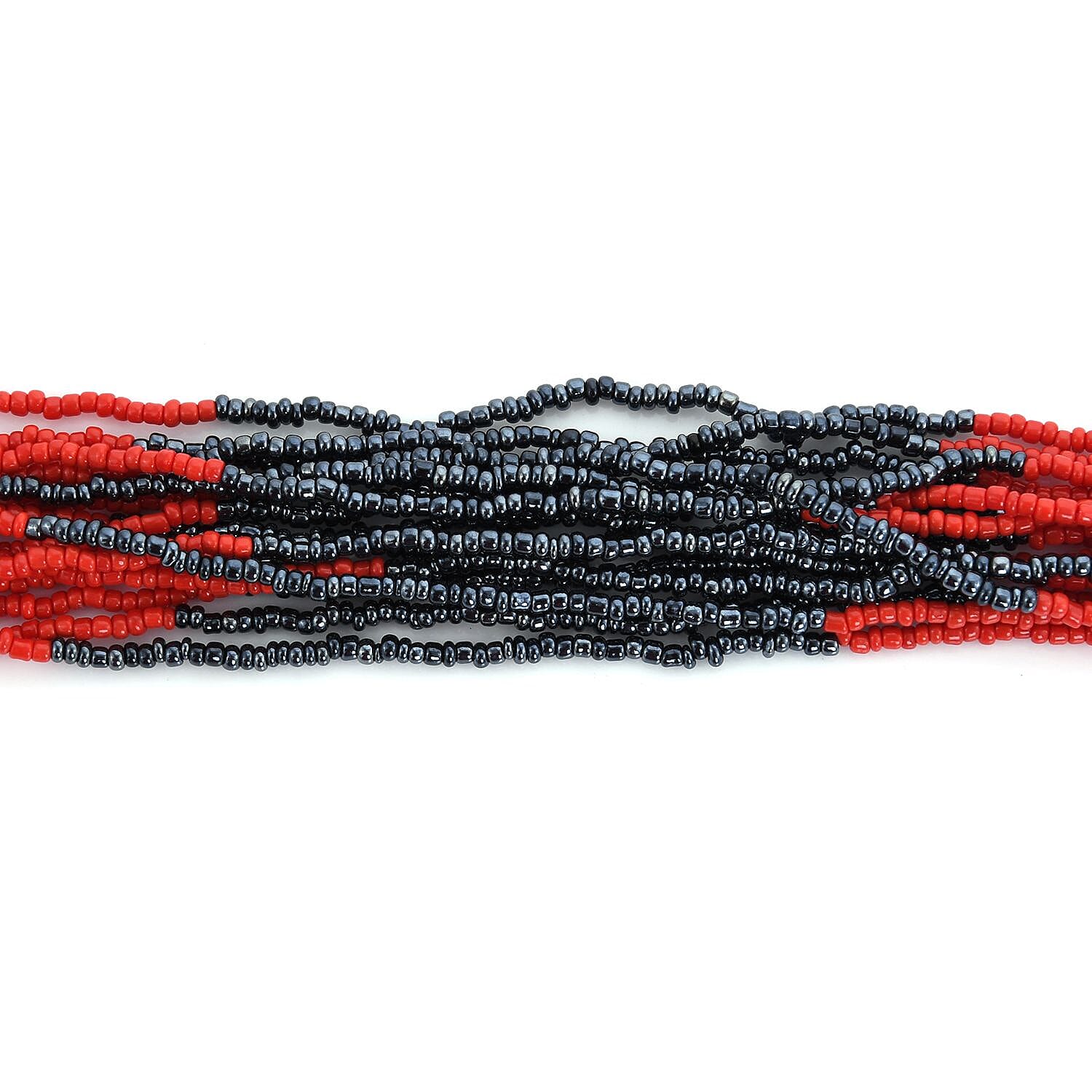 Red and Black Seed Beaded Multi Strand Necklace 22 Inches