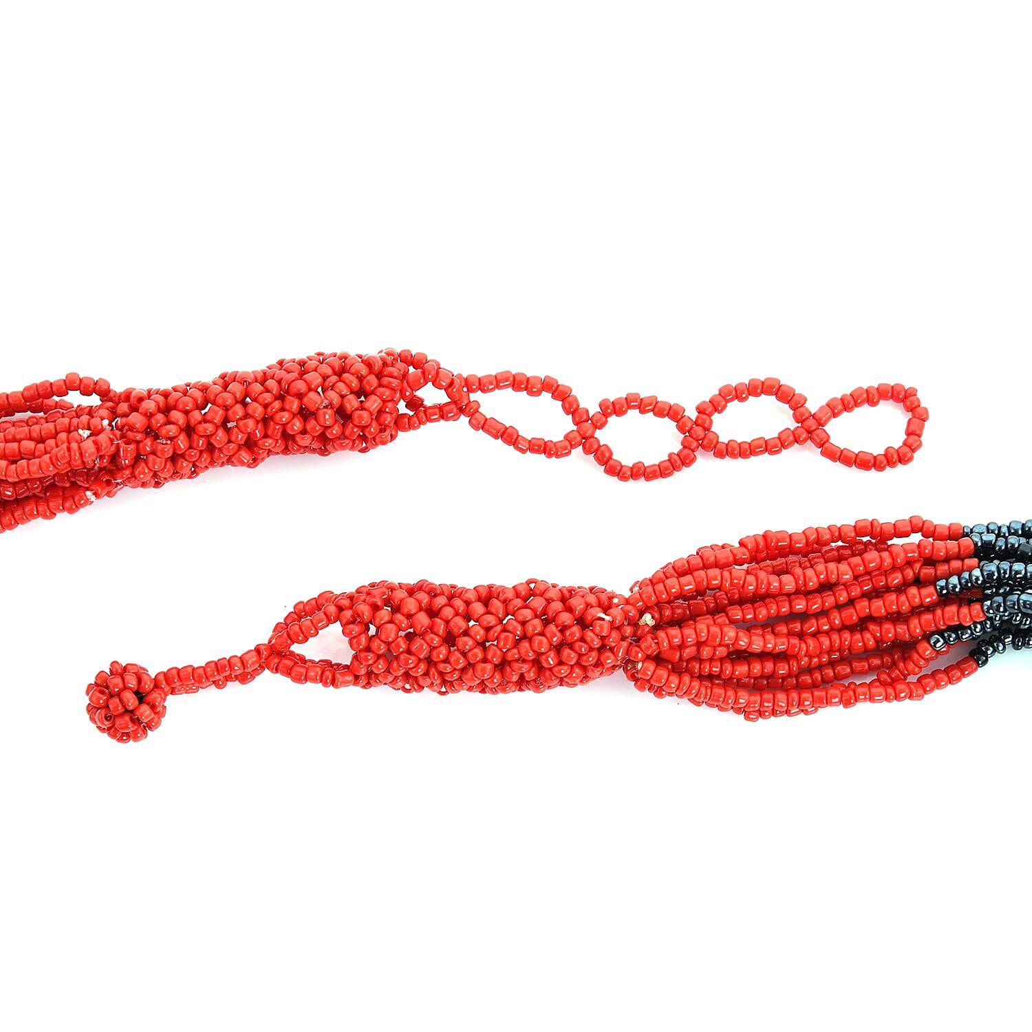 Red and Black Seed Beaded Multi Strand Necklace 22 Inches
