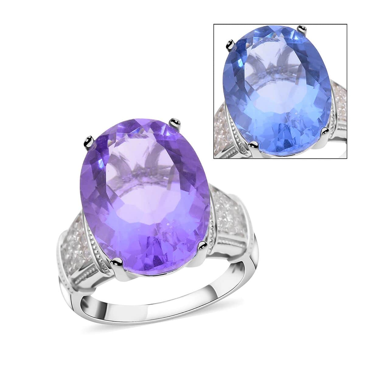 Color Change Fluorite, Natural White Zircon Ring in Rhodium Over Sterling Silver (Size 6.0) 14.90 ctw image number 0