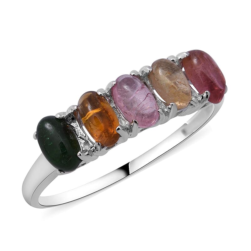 Multi-Tourmaline 5 Stone Ring in Platinum Over Sterling Silver (Size 9.0) 1.25 ctw