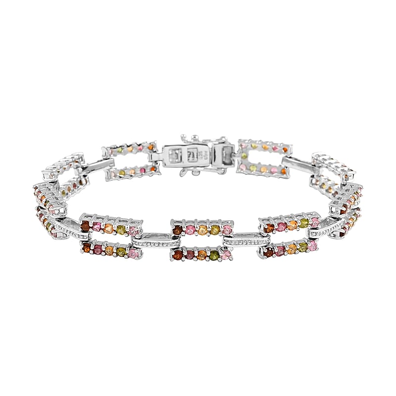 Multi-Tourmaline and Natural White Zircon Paper Clip Bracelet in Platinum Over Sterling Silver (6.50 In) 12.75 Grams 3.40 ctw