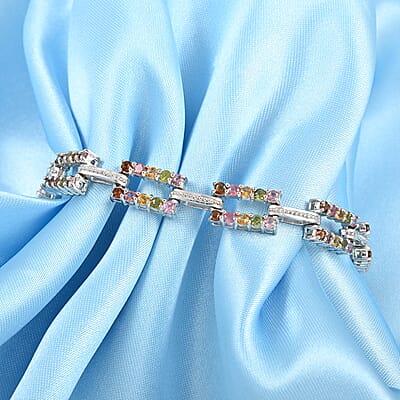 Multi-Tourmaline and Natural White Zircon Paper Clip Bracelet in Platinum Over Sterling Silver (6.50 In) 12.75 Grams 3.40 ctw
