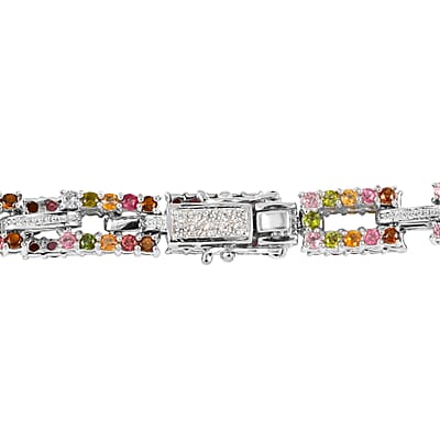 Multi-Tourmaline and Natural White Zircon Paper Clip Bracelet in Platinum Over Sterling Silver (6.50 In) 12.75 Grams 3.40 ctw