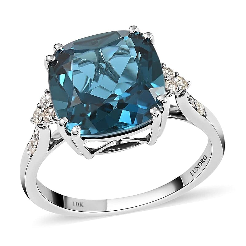 Certified & Appraised Luxoro AAA London Blue Topaz and G-H I1 Diamond 7.10 ctw Ring in 10K White Gold (Size 10.0)