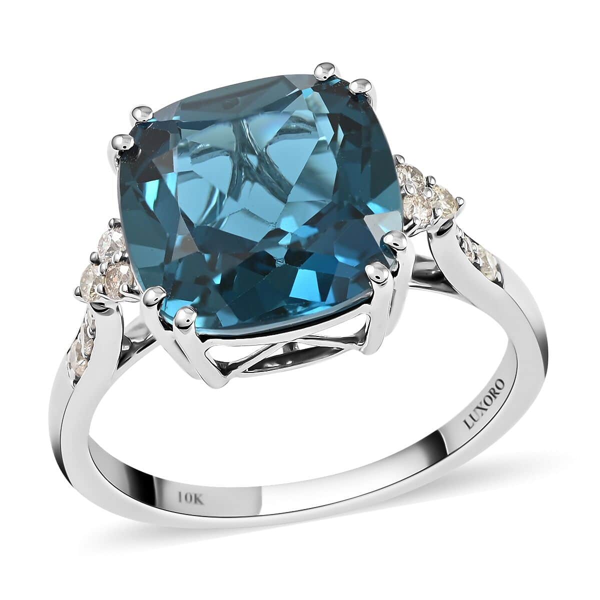 Certified & Appraised Luxoro AAA London Blue Topaz and G-H I1 Diamond 7.10 ctw Ring in 10K White Gold (Size 6.0) image number 0