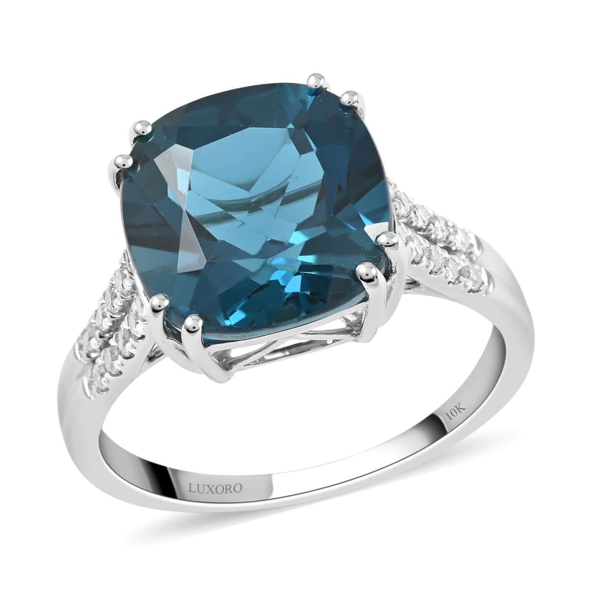 Certified 10K White Gold AAA London Blue Topaz and Diamond G-H I1 Ring 2.70 Grams 7.10 ctw image number 0