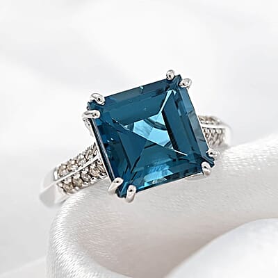 Certified & Appraised Luxoro AAA London Blue Topaz and G-H I1 Diamond 6.15 ctw Ring in 10K White Gold (Size 10.0)