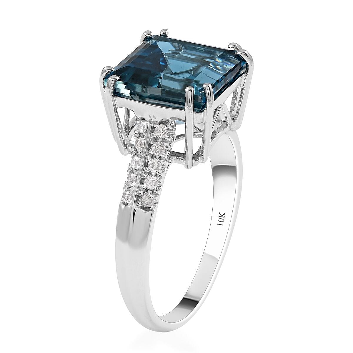 Certified & Appraised Luxoro AAA London Blue Topaz and G-H I1 Diamond 6.15 ctw Ring in 10K White Gold (Size 7.0) image number 3