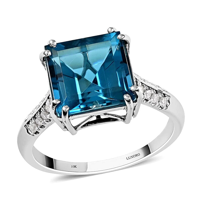 Certified & Appraised Luxoro AAA London Blue Topaz and G-H I1 Diamond 6.15 ctw Ring in 10K White Gold (Size 8.0)