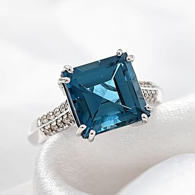Certified & Appraised Luxoro AAA London Blue Topaz and G-H I1 Diamond 6.15 ctw Ring in 10K White Gold (Size 8.0)