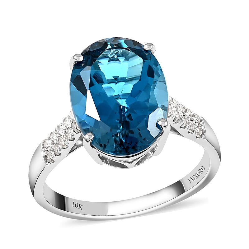Luxoro AAA London Blue Topaz Ring, Certified & Appraised Blue Topaz Ring, Diamond Accent Ring, 10K White Gold, Wedding Rings 7.25 ctw (Size 6)