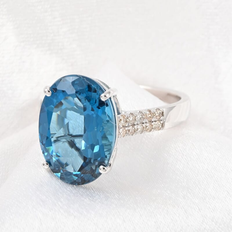 Luxoro AAA London Blue Topaz Ring, Certified & Appraised Blue Topaz Ring, Diamond Accent Ring, 10K White Gold, Wedding Rings 7.25 ctw (Size 6)