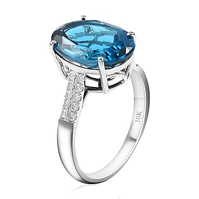 Luxoro AAA London Blue Topaz Ring, Certified & Appraised Blue Topaz Ring, Diamond Accent Ring, 10K White Gold, Wedding Rings 7.25 ctw (Size 6)