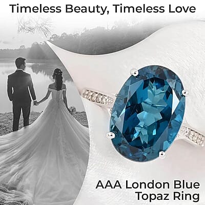 Luxoro AAA London Blue Topaz Ring, Certified & Appraised Blue Topaz Ring, Diamond Accent Ring, 10K White Gold, Wedding Rings 7.20 ctw (Size 6)