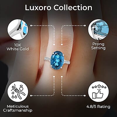 Luxoro AAA London Blue Topaz Ring, Certified & Appraised Blue Topaz Ring, Diamond Accent Ring, 10K White Gold, Wedding Rings 7.20 ctw (Size 6)